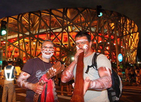 Robert Barton and Nathan Burton in front of Bird's Nest Stadium
